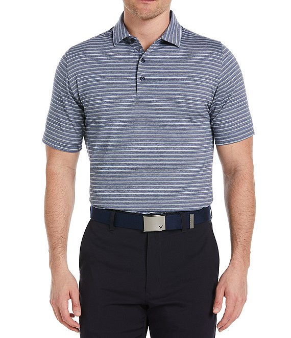 Color:Peacoat Heather - Image 1 - Short Sleeve Soft Touch Stripe Golf Polo Shirt