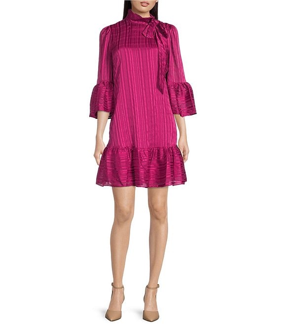 Calvin Klein 3/4 Bell Sleeve Mock Tie Neck Tiered Skirt Chiffon Shift Dress  | Dillard's