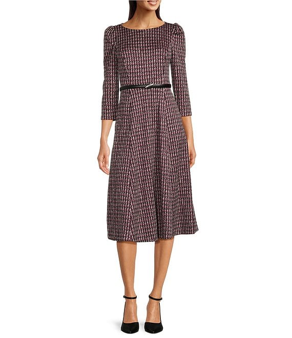 Calvin Klein 3/4 Sleeve Boat Neck Belted Houndstooth A-Line Midi Dress ...