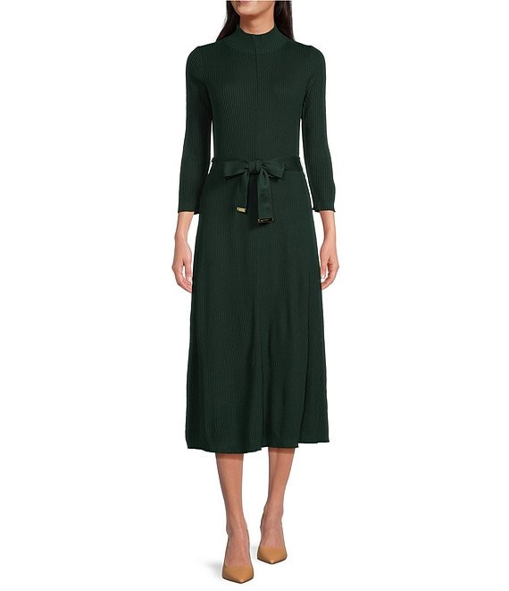 Calvin Klein 3/4 Midi Sweater Dillard\'s Mock With | Neck Dress Sleeve Belt