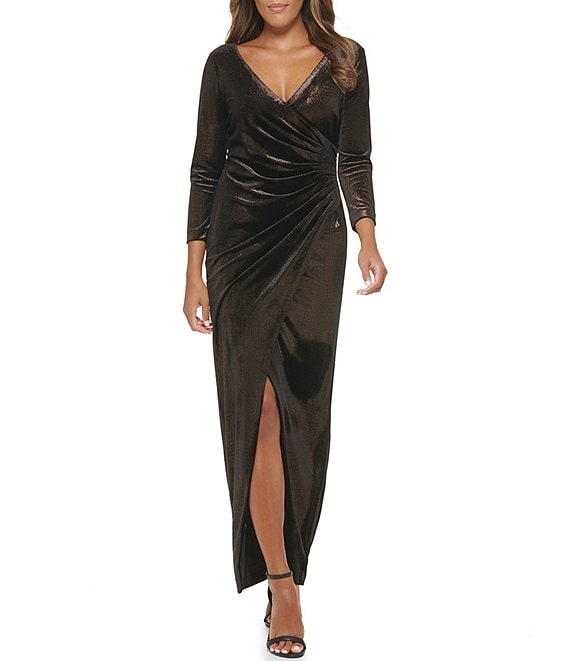 Calvin Klein 3/4 Sleeve Surplice V-Neck Ruched Waist Foil Velvet Long Dress  | Dillard's