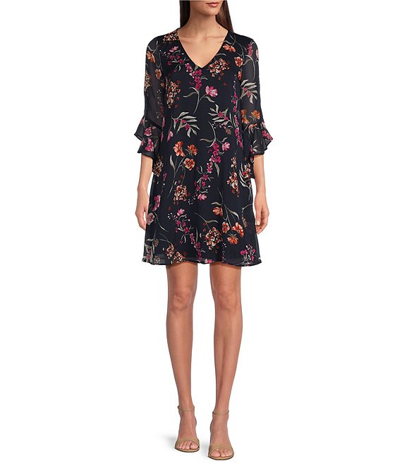 Calvin Klein 3/4 Sleeve V-Neck Floral Chiffon Shift Dress | Dillard's