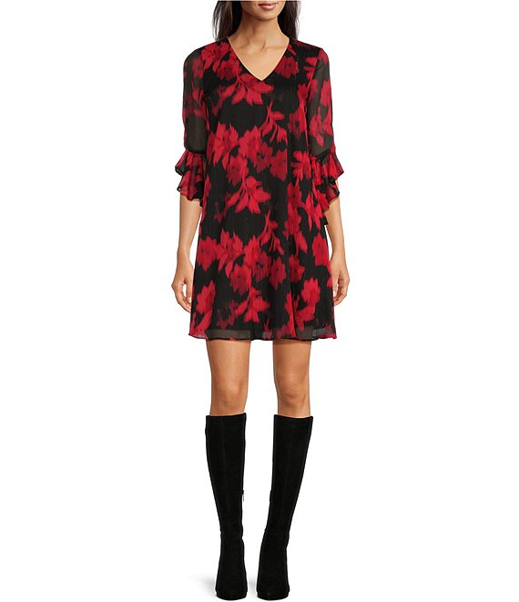 Color:Black Red - Image 1 - 3/4 Sleeve V-Neck Floral Metallic Chiffon Dress