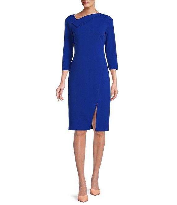 Color:Regatta - Image 1 - Asymmetric Fold Over Neck Front Slit 3/4 Sleeve Sheath Dress