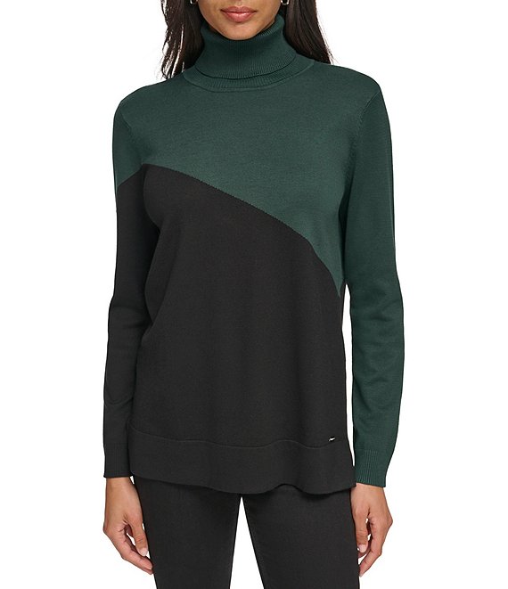 Color:Cypress/Black - Image 1 - Asymmetrical Color Block Turtleneck Long Sleeve Sweater