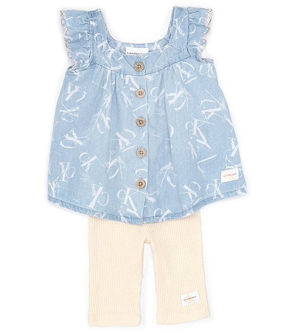Calvin Klein Baby Girls 12-24 Months Flutter Sleeve Woven Denim Dress &  Solid Slub Rib-Knit Leggings Set