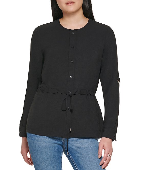Color:Black - Image 1 - Banded Collar Long Rolled Sleeve Drawstring Waist Button Front Blouse