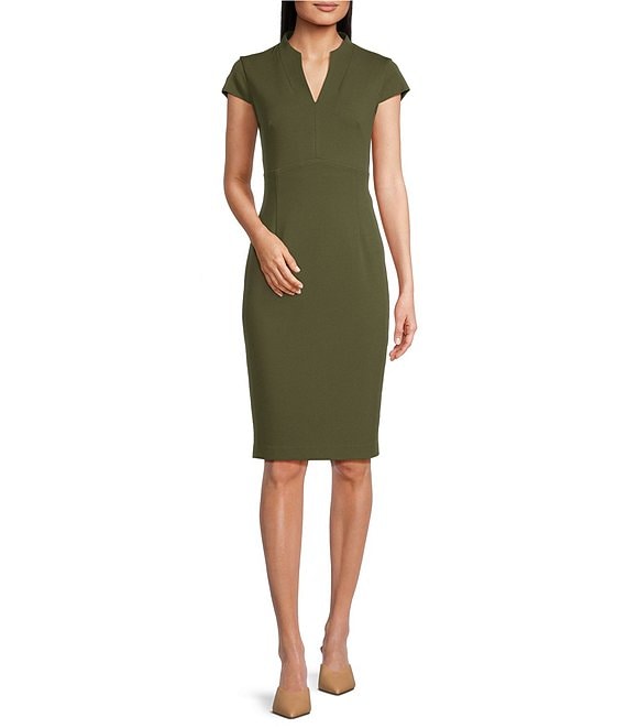 Calvin Klein Short Sleeve Split V-Neck Scuba Crepe Sheath Dress | Dillard's