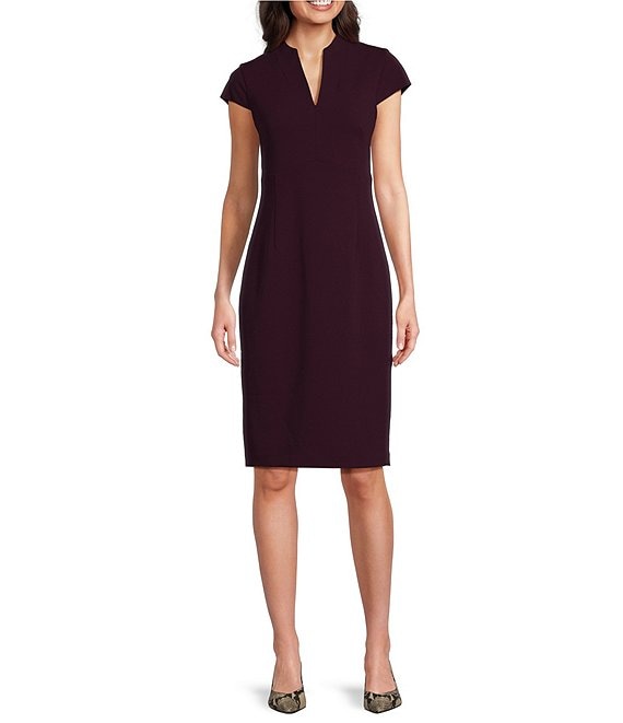 Calvin Klein Short Sleeve Split V Neck Scuba Crepe Sheath Dress