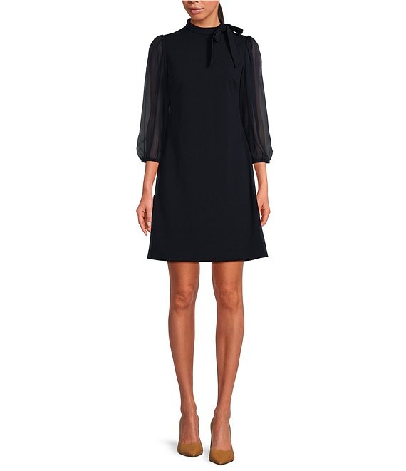 Calvin Klein Chiffon Balloon 3/4 Sheer Sleeve Tie Mock Neck Scuba Crepe ...