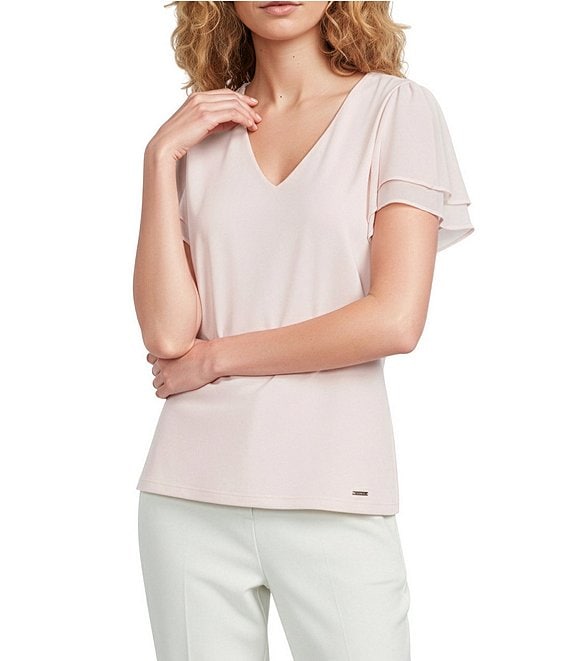 Calvin Klein Chiffon Crew Neck Short Flutter Sleeve Blouse
