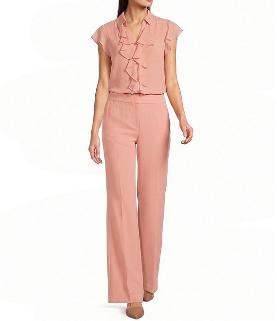 Calvin Klein Chiffon Flutter Sleeve Point Collar Ruffle Button Front Blouse
