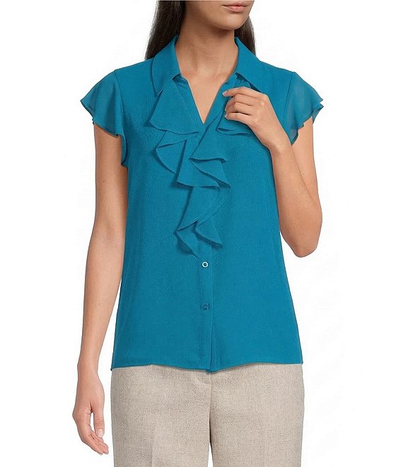Calvin Klein Chiffon Futter Sleeve Point Collar Ruffle Button Front Blouse