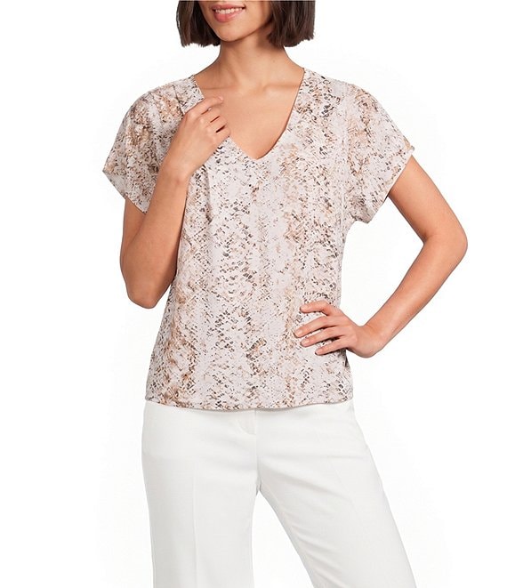 Calvin Klein Chiffon Snake Print V-Neck Short Flutter Sleeve Top