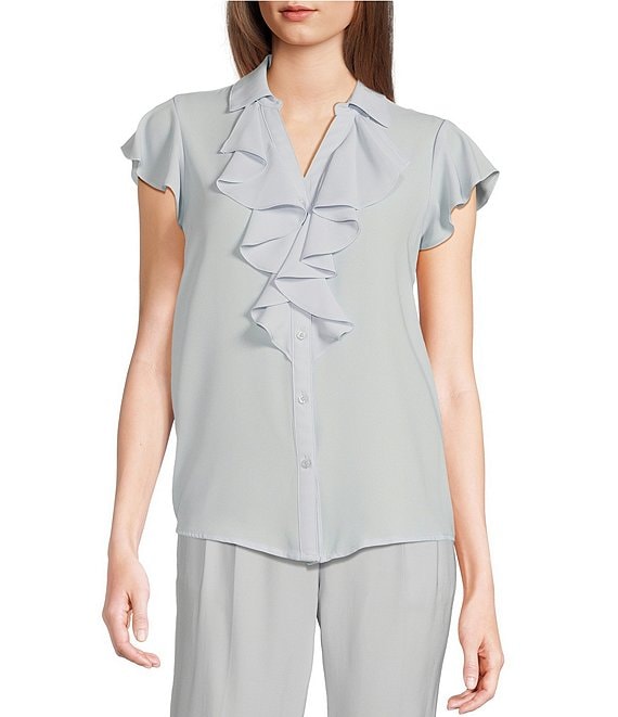 Calvin Klein Collared Flutter Cap Sleeve Cascading Ruffle Button Front  Blouse