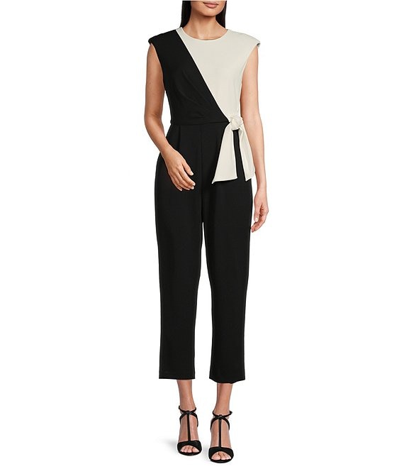 Calvin Klein Color Blocked Sleeveless Tie Waist Scuba Crepe Jumpsuit |  Dillard's