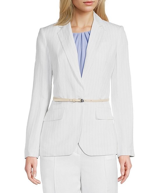 Calvin Klein Coordinating Linen Blend Stripe Notch Lapel Long Sleeve Belted Jacket