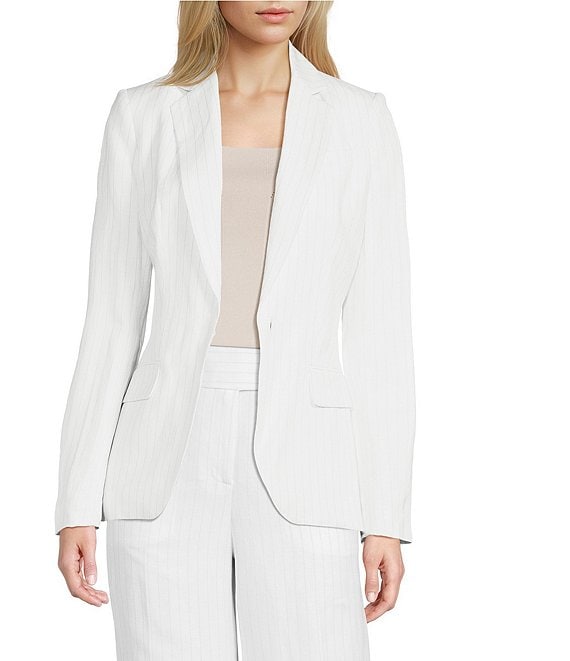 Calvin Klein Coordinating Linen Blend Stripe Notch Lapel Long Sleeve Belted Jacket