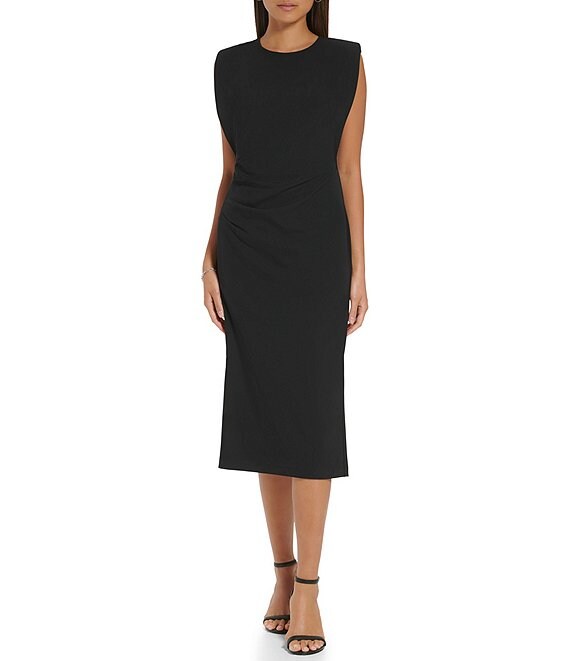 Calvin Klein Jewel Neck Crepe Sleeveless Cinch Midi Dress | Dillard's