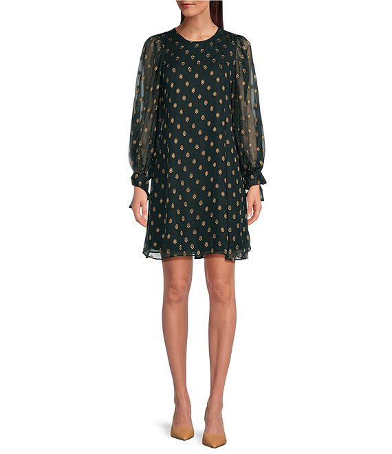 Calvin Klein Dot Dillard\'s Shift Crew Sleeve Dress Long Beck Mini Chiffon | Print