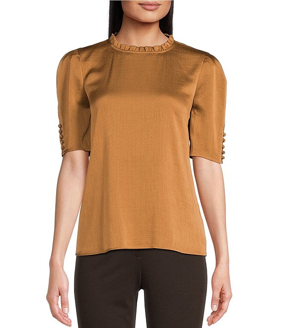 Calvin Klein Dot Print Novelty Woven Crew Neck Puff Sleeve Ruffle Top ...