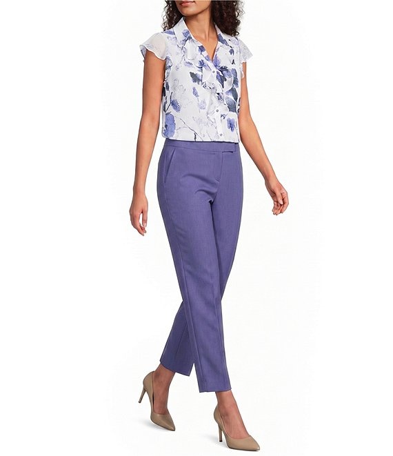 Calvin Klein Floral Chiffon Flutter Sleeve Point Collar Ruffle Button Front Blouse