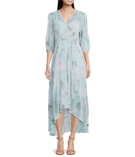 Calvin Klein Floral Print 3/4 Sleeve Surplice V-Neck Chiffon Midi Dress |  Dillard's