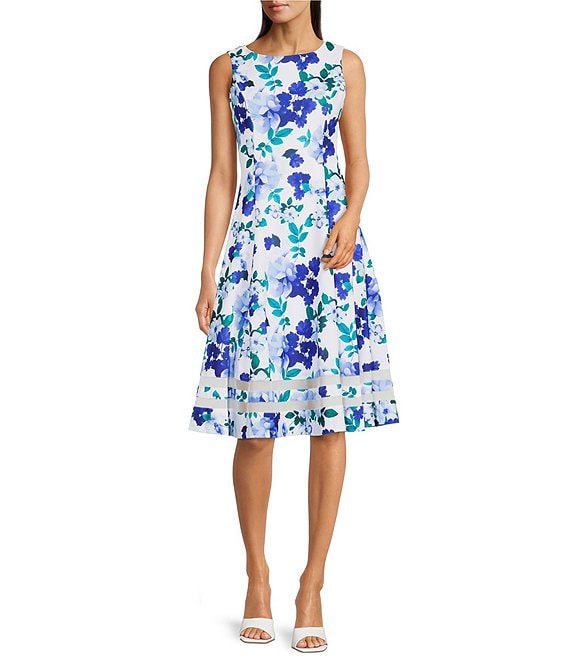 Calvin Klein Floral Print Crew Neck Sleeveless Trim Insert Hem Fit and  Flare Dress | Dillard's