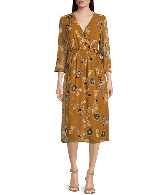 Color:Luggage Multi - Image 1 - Floral Print Crinkle Chiffon 3/4 Sleeve Faux Wrap Dress