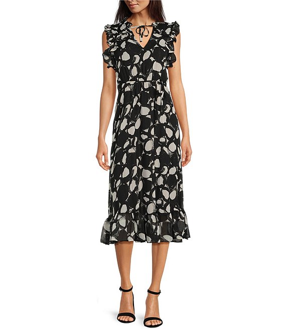 Calvin Klein Floral Print Ruffled V-Neck Short Sleeve Midi Dress ...