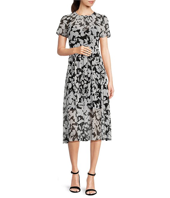 Calvin Klein Floral Print Short Sleeve Crew Neck Chiffon Dress | Dillard's