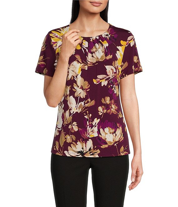 Calvin Klein Floral Print Short Sleeve Pleat Neck Top