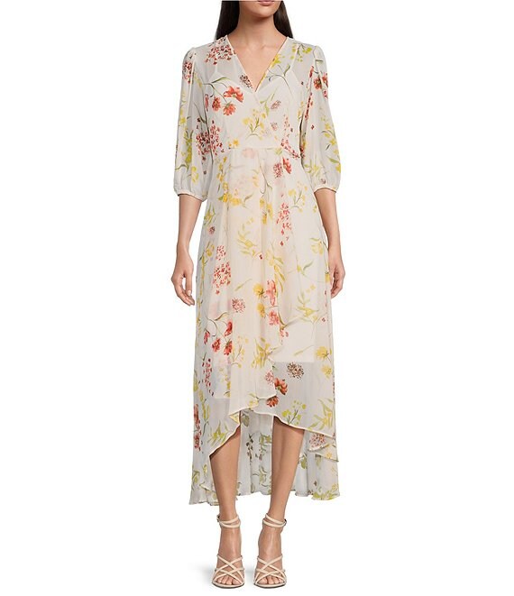 duizelig Aanval Zuigeling Calvin Klein Floral Print Short Sleeve V-Neck Chiffon Faux Wrap Dress |  Dillard's