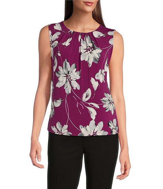 Calvin Klein Floral Printed Sleeveless Pleat Neck Cami Top L