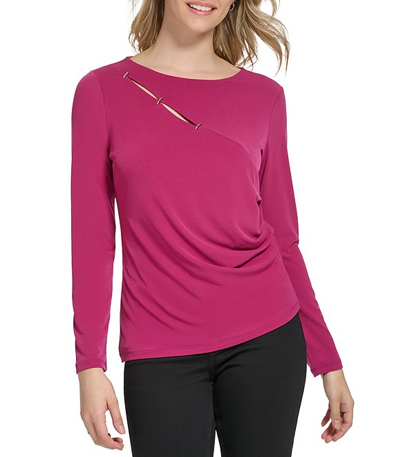Calvin Klein Front Cut-Out Hardware Staple Embellished Long Sleeve Jersey Knit Top