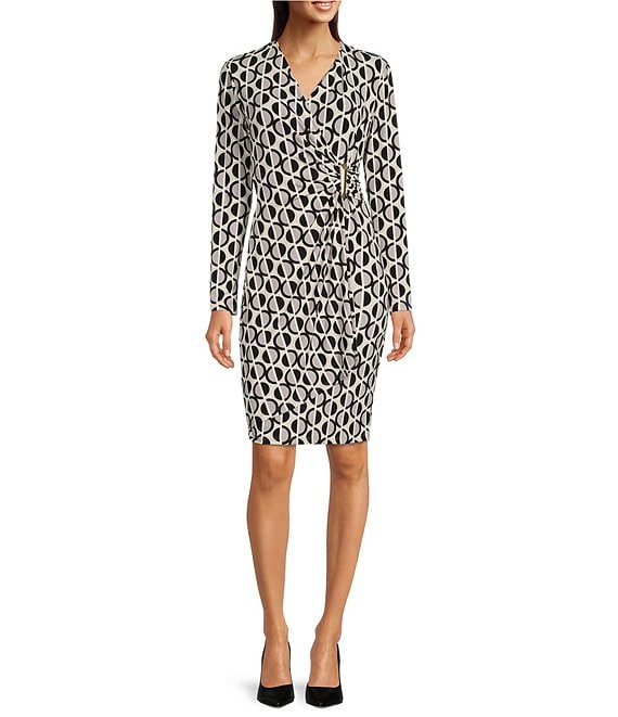 Calvin Klein Geometric Print Long Sleeve Surplice V-Neck Faux Wrap Dress |  Dillard's