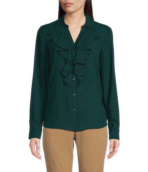 Color:Malachite - Image 1 - Georgette Point Collar Long Sleeve Front Ruffle Button Down Blouse