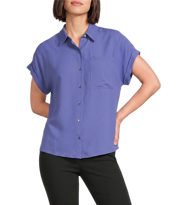 Calvin Klein Georgette Point Collar Short Sleeve Button Front Blouse