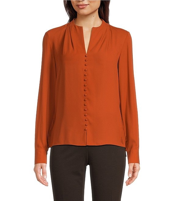 Calvin Klein Georgette V-Neck Long Sleeve Pleated Button-Front Top ...
