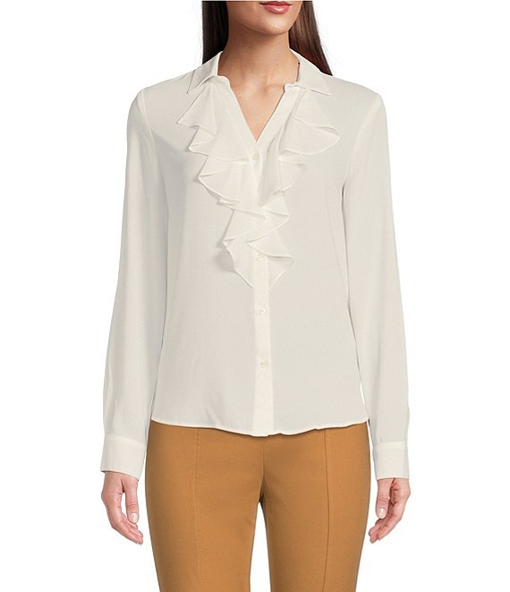 Calvin Klein Georgette V-Neck Long Sleeve Ruffled Button Front Top ...