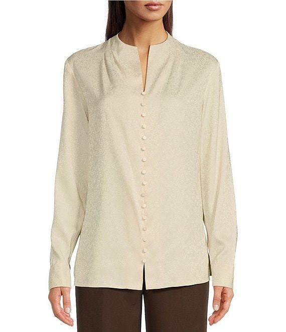 Calvin Klein Jacquard Split V-Neck Long Sleeve Pullover Blouse | Dillard's