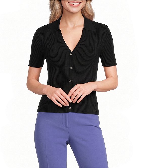 Calvin Klein Knit Collared V-Neck Short Sleeve Button-Front Top