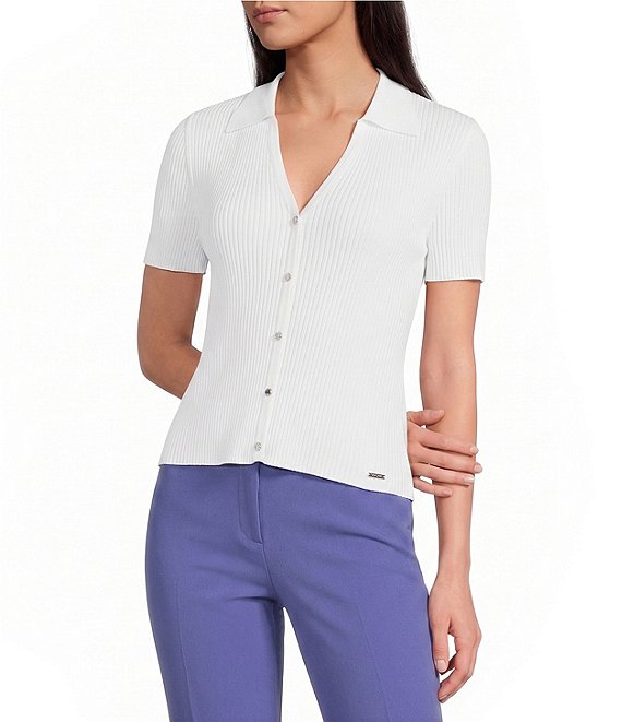 Calvin Klein Knit Point Collar Short Sleeve Button Front Top