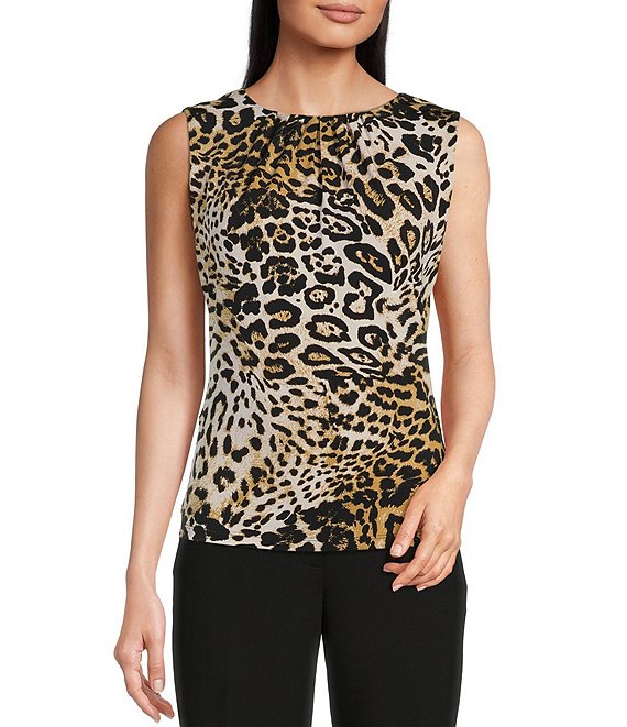 Calvin Klein Leopard Print Matte Jersey Pleated Crew Neck Sleeveless Top