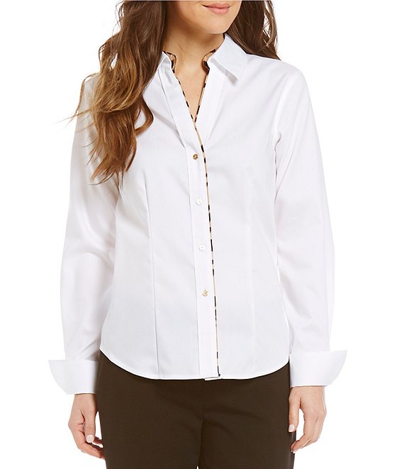 Color:Birch - Image 1 - Point Collar Long Sleeve Button Cuff Leopard Trim Wrinkle Free Oxford Shirt