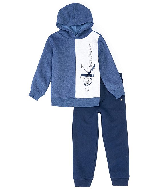 Calvin Klein Little Boys 2T-7 Long Sleeve Logo Detailed Color Block Fleece  Hoodie & Fleece Jogger Pants Set