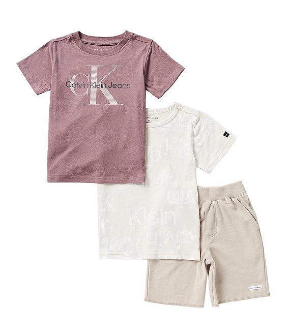 Calvin Klein Little Boys 2T 7 Short Sleeve Logo 2 T Shirt and Twill Shorts 3 Piece Set Dillard s