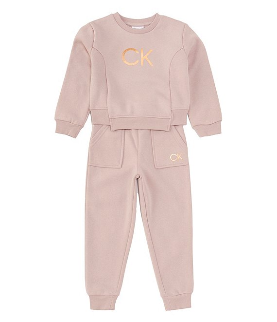 Calvin Klein Little Girls 2T-6X Long Sleeve Princess Seamed Fleece Crewneck  T-Shirt & Jogger Set
