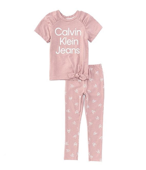 Calvin Klein Little Girls 2T 6X Raglan Sleeve Logo Tie Front Tunic Top Printed Leggings Set