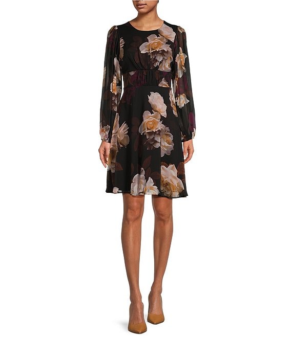 Calvin Klein Long Sleeve Crew Neck Floral Chiffon Short A-Line Dress ...